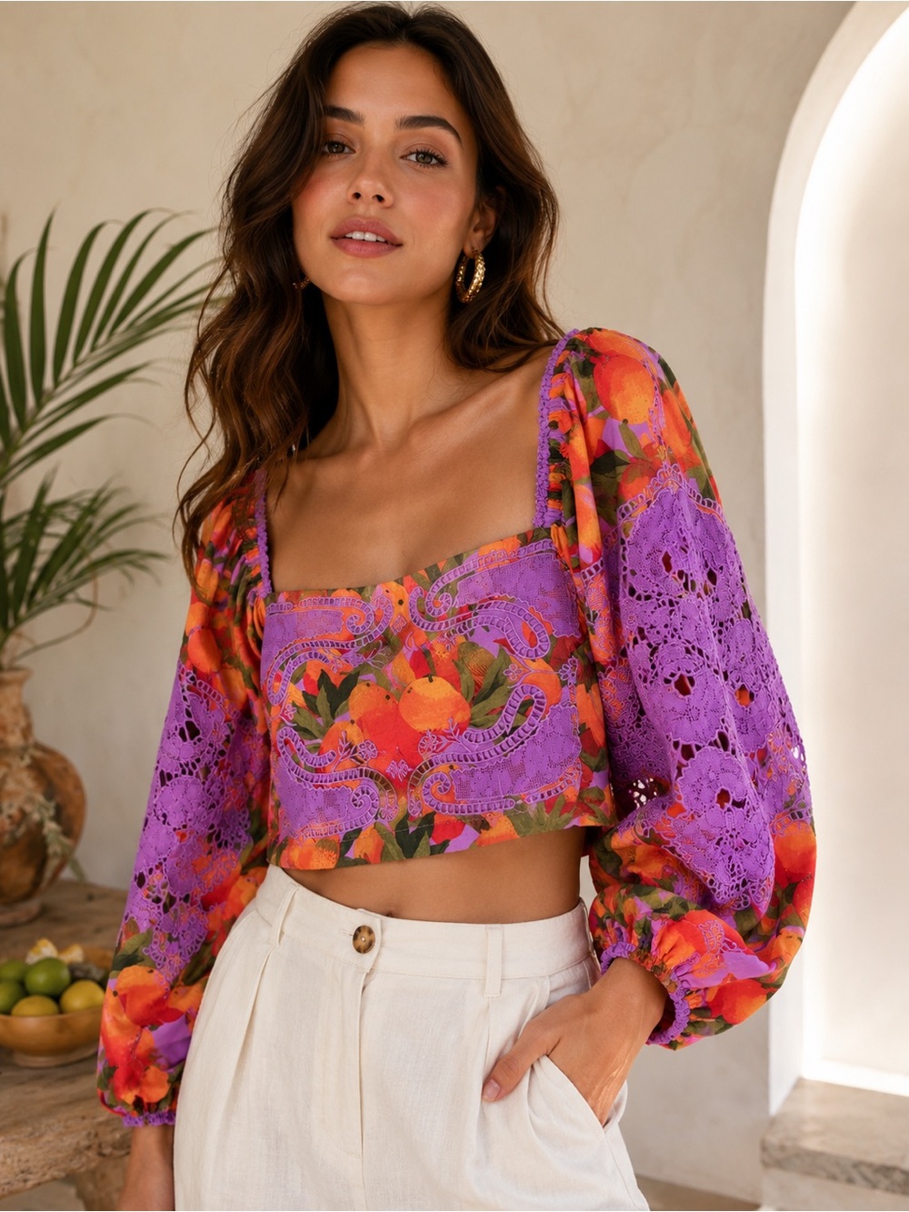 Farm Rio NWT , MSRP $185, Boho Floral Cropped Peasant Top in Purple and Orange